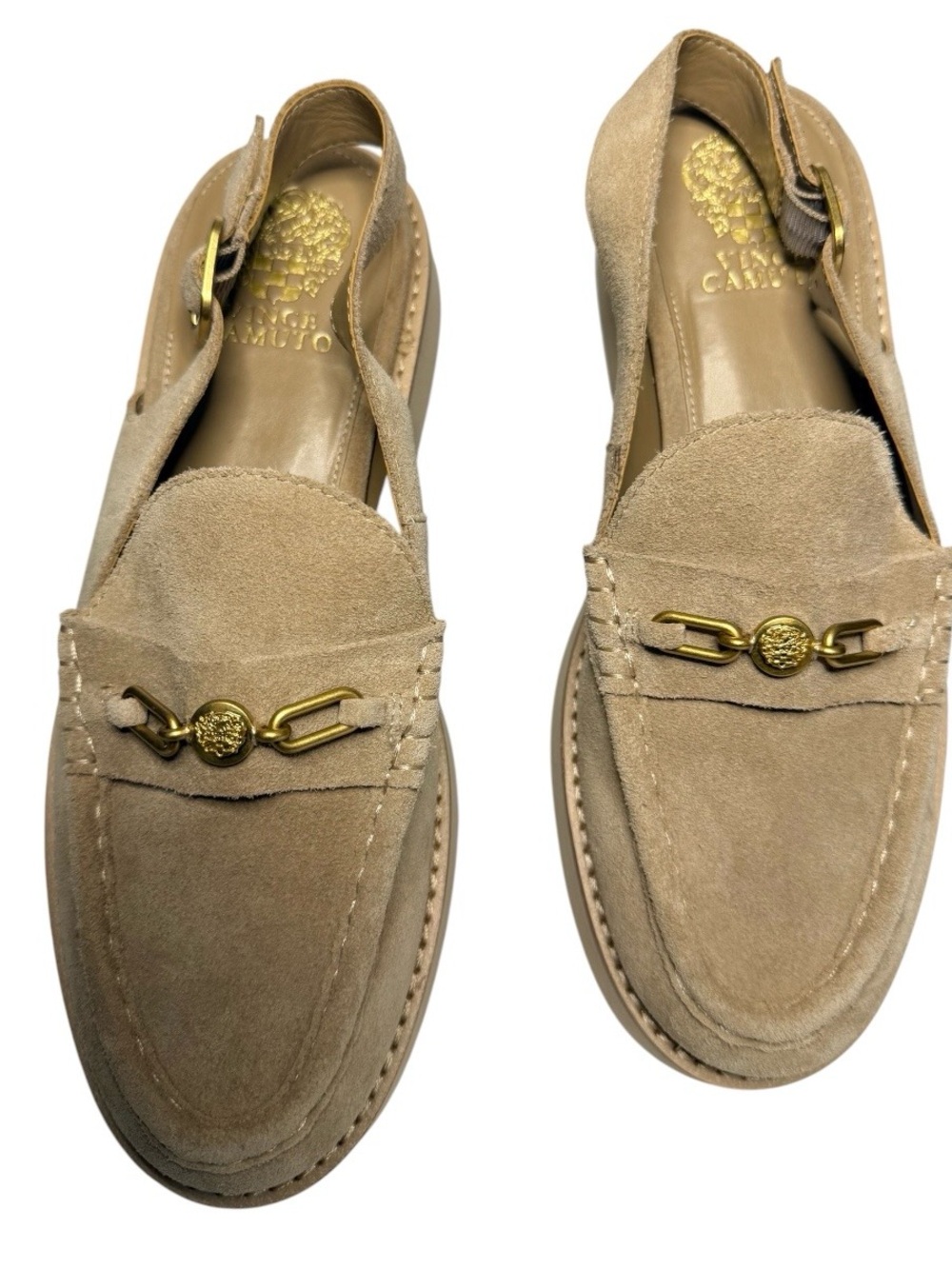 Vince Camuto Tan Suede Slingback Loafers with Gold Accent
